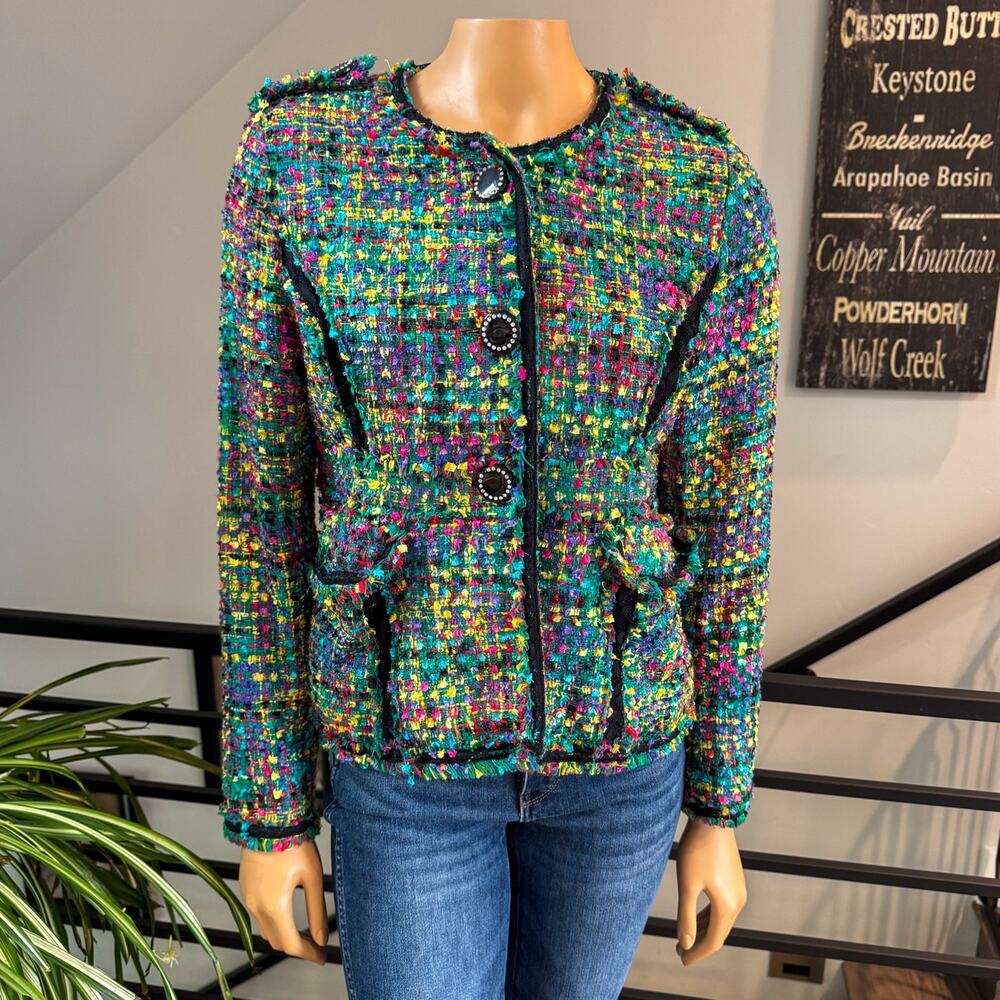 Berek Vintage Rainbow Crayons Tweed Lace Fringe Blazer Jacket Whimsical - Medium